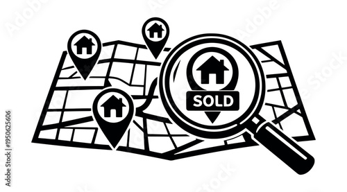 Magnifying glass discovering a sold sign on a property map symbolizing successful real estate deals and market evaluation
