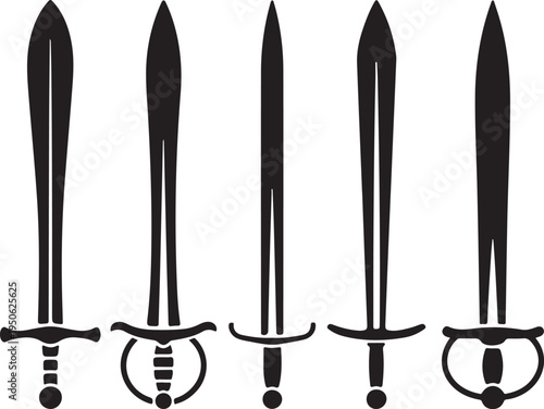 Five distinct medieval-style swords with unique hilt designs displayed side by side