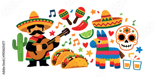 Mexican mariachi celebrating Cinco de Mayo with traditional symbols including piñata, tacos, chili, and musical instruments