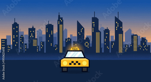yellow taxi in front of city skyline at sunset