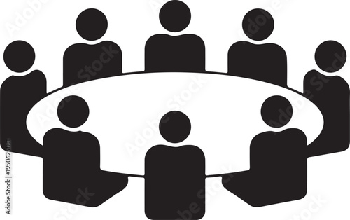 Group of eight people sitting around a circular table in a meeting format