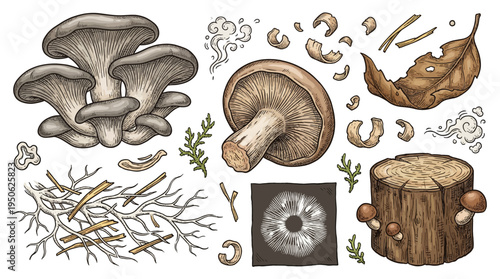 Vintage Hand-Drawn Mushroom Illustration Set Featuring Oyster Mushrooms, Shiitake, Mycelium, Spore Print, and Forest Elements for Mycology and Foraging Designs