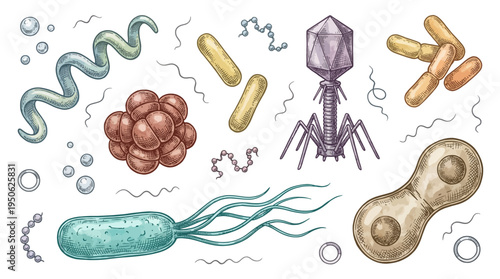 Microorganisms and Bacteria Collection Vector Illustration, Vintage Hand Drawn Microbes, Viruses, and Bacteriophage Sketches for Science and Medical Research