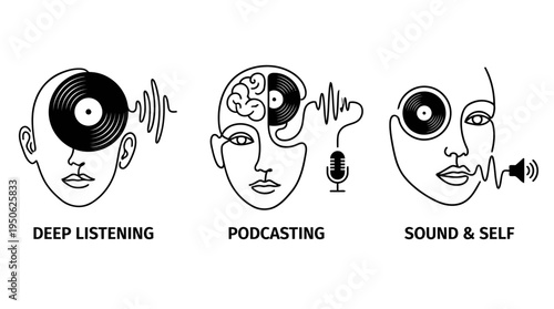 Minimalist Continuous Line Art Set of 3 Abstract Music Concepts: Face Merging with Vinyl Record, Deep Listening, and Podcast Illustrations