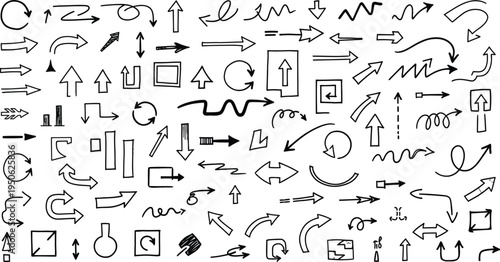 Collection of hand drawn black arrows and symbols on white background direction sign