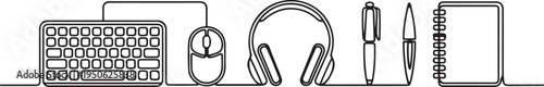 keyboard,mouse, headset,pen,note book. one line art icon drawing vector