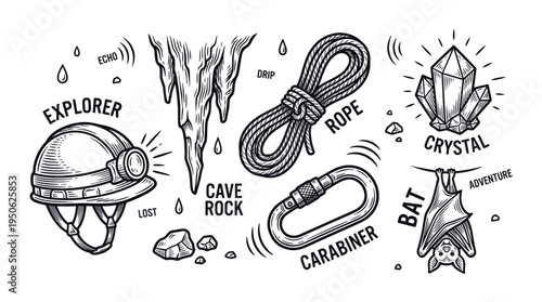 Vintage Hand-Drawn Cave Exploration and Speleology Icon Set Featuring Explorer Helmet, Rope, Carabiner, Crystals, and Bat in Engraving Style Vector Illustration