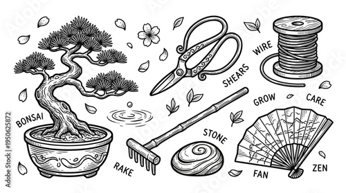 Hand Drawn Bonsai Tree and Gardening Tools Vector Set, Zen Garden Elements with Rake, Shears, Fan, and Stone in Sketch Style, Japanese Culture Plant Care Illustration