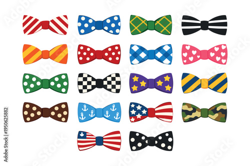 Vector illustration presenting a set of bow ties for formal wear, fashion, and special occasions, showcasing different colors and styles