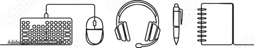 keyboard,mouse, headset,pen,note book. one line art icon drawing vector
