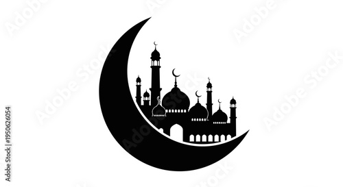 mosque silhouette on crescent moon