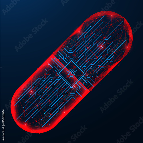 An electronic tablet with a microchip. The board tracks are inside the capsule. The concept of digital medicine, smart drugs, nanotechnology and artificial intelligence in pharmacology.