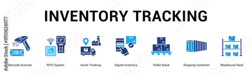 Inventory Tracking  Modern and clean web banner illustration vector featuring thematic icons