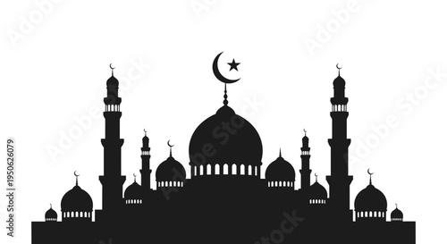 Mosque silhouette with crescent moon and star