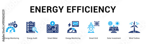 Energy Efficiency  Modern and clean web banner illustration vector featuring thematic icons