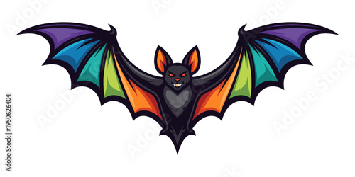 Scary bat character flying, featuring glowing red eyes and vibrant rainbow-colored wings on a white background, concept illustration