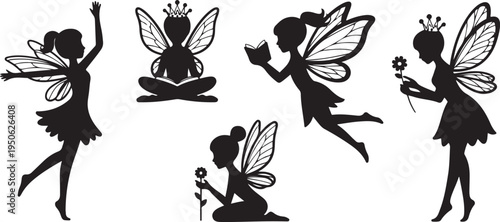 Fairy silhouettes. Funny fairies in different poses. Little creatures with wings. Mythical fairy tale characters in cute dresses. black icon drawing vector