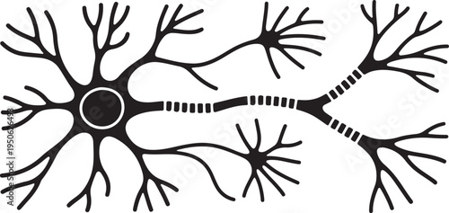 Brain neuron symbol. Human neuron cell sign. Synapses, myelin sheat, cell body, nucleus, axon. black icon drawing vector