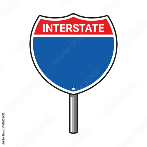 Interstate highway sign shield on a pole with a blank blue space, ready for a number. Concept of travel, routes, and road trips
