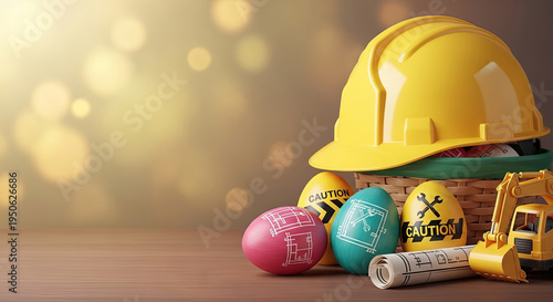 Easter eggs decorated with construction themes in basket. Yellow hard hat beside toy excavator and blueprint roll. Fun holiday concept blending building motifs and spring celebration