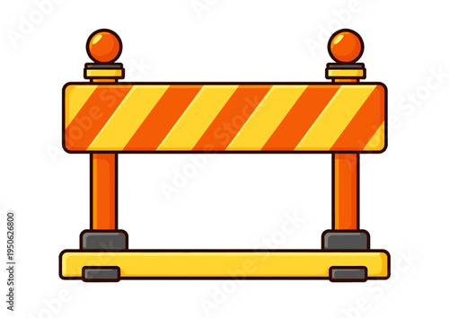 Orange and yellow striped road barrier marking construction area. Safety equipment preventing access and indicating danger