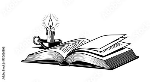 open book with candle on cup