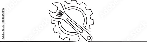 gear and wrench, object one line, single line art. one line art icon drawing vector