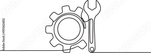 gear and wrench, object one line, single line art. one line art icon drawing vector