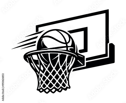 Basketball ball moving fast, passing through the net into the hoop, creating a dynamic motion graphic symbol