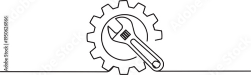 gear and wrench, object one line, single line art. one line art icon drawing vector