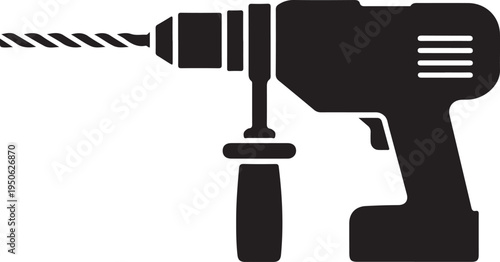A black and white illustration of a power drill with attached drill bit