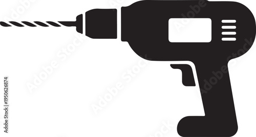A black and white illustration of a corded power drill with a drill bit attached