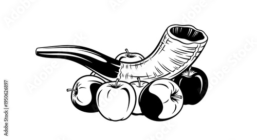 Shofar and apples, jewish new year symbol