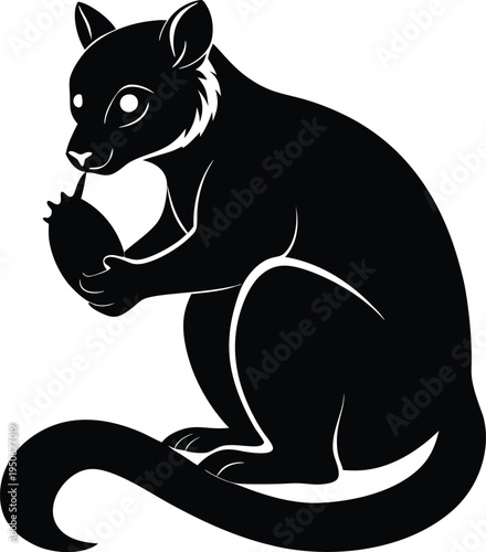 A minimalist black and white silhouette illustration of a cute possum eating a small round fruit