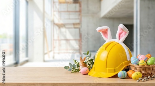 Yellow hard hat with bunny ears among colorful easter eggs and woven basket on wooden table. Construction easter celebration for builders and workers holiday fun concept