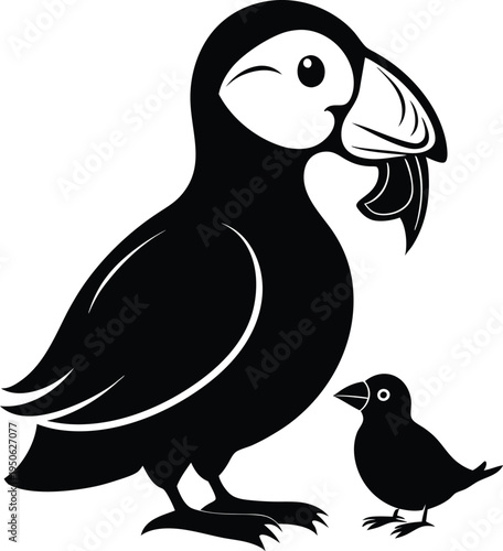 A minimalist black and white graphic illustration featuring a parent puffin standing with a chick