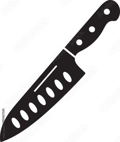 A sleek black and white illustration of a chef's knife with a serrated edge.