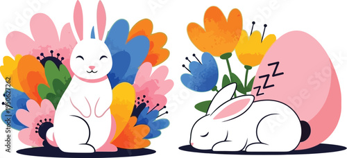 Two cute white rabbits with colorful flowers and a pink egg bunny animal