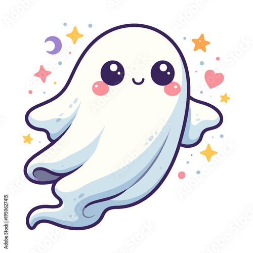 Adorable kawaii ghost character floating happily, bringing a playful charm to spooky celebrations and lighthearted designs