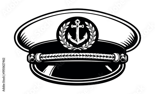 Captain hat with anchor and laurel wreath emblem. Depicting nautical themes, marine lifestyle, sea adventures, and a journey concept