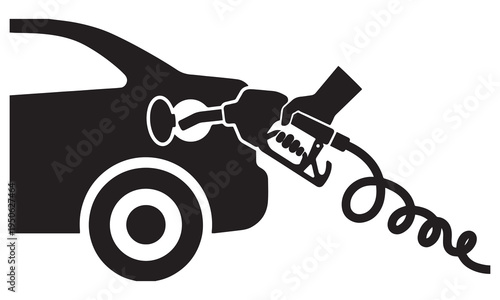 Black and white vector icon of a hand holding a fuel pump nozzle, refueling a car, ideal for gas station signs, energy cost graphics, or automotive service illustrations.