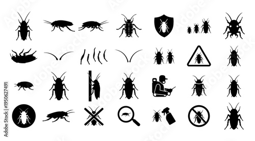 Cockroach Pest Control Silhouette Set – Roach Insect Icons, Extermination Warning Symbols, Pest Control and Biology Vector Collection