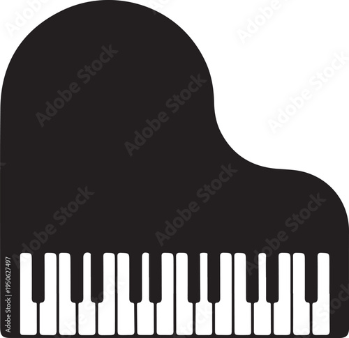 Silhouette of a grand piano with visible keys against a plain background
