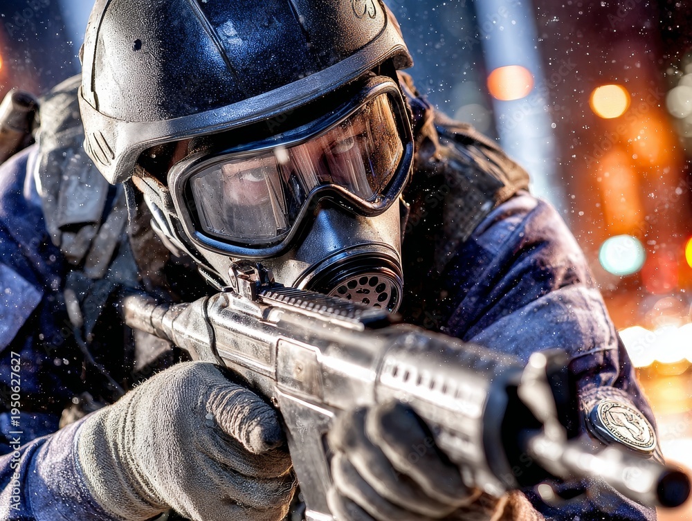 Naklejka premium Soldier in gas mask aiming rifle combat action