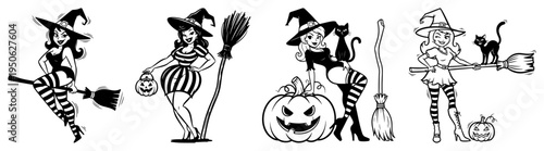 Cute Witches with Pumpkins and Black Cat Halloween Line Art Collection