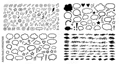Mega set of hand drawn doodle elements Speech bubbles comic clouds arrows stars and scribble textures vector collection