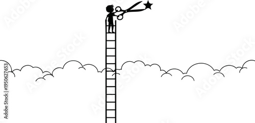 Boy on ladder cutting star with scissors, reaching dreams silhouette