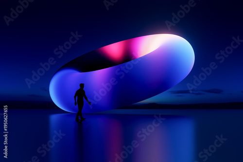 3D luminous torus form beside silhouette on dark horizon