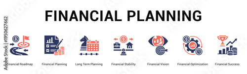 Financial Planning  Modern and clean web banner illustration vector featuring thematic icons