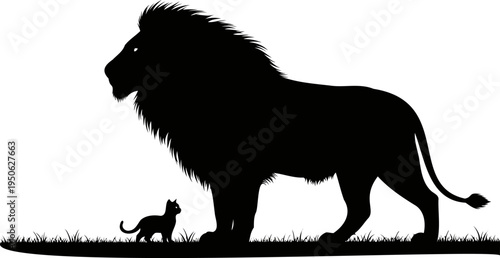Brave cat facing lion silhouette, inner strength and courage vector